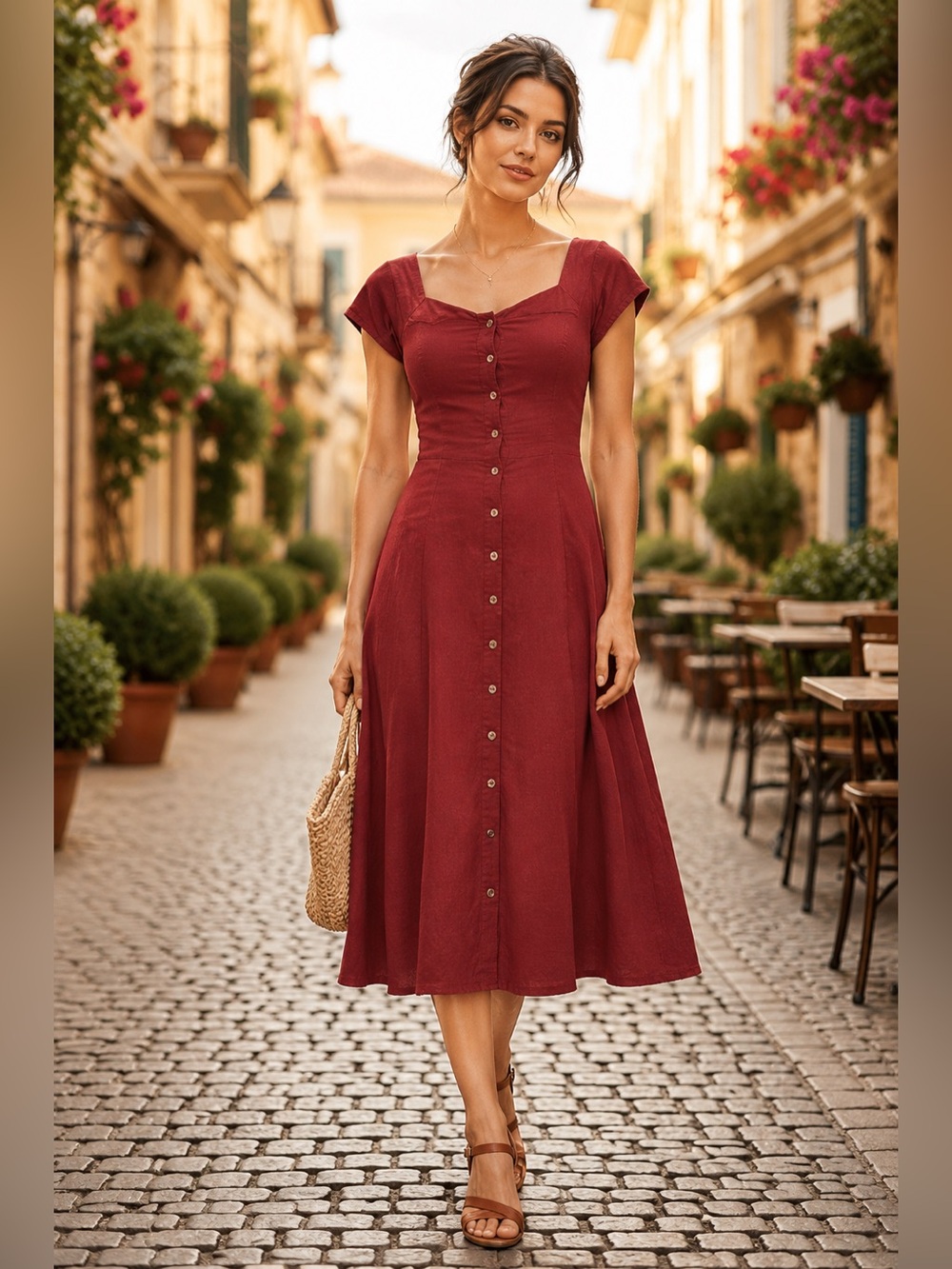 MOD REF Brick Red Fit & Flare Off Shoulder Dress Button Front Minimalist Sz: S